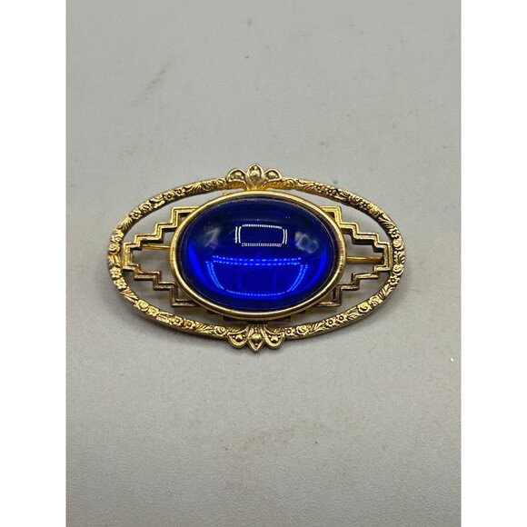 Art Deco Design Blue Cabochon Pin Brooch Gold Tone Geometric Elegant Design - Picture 3 of 5